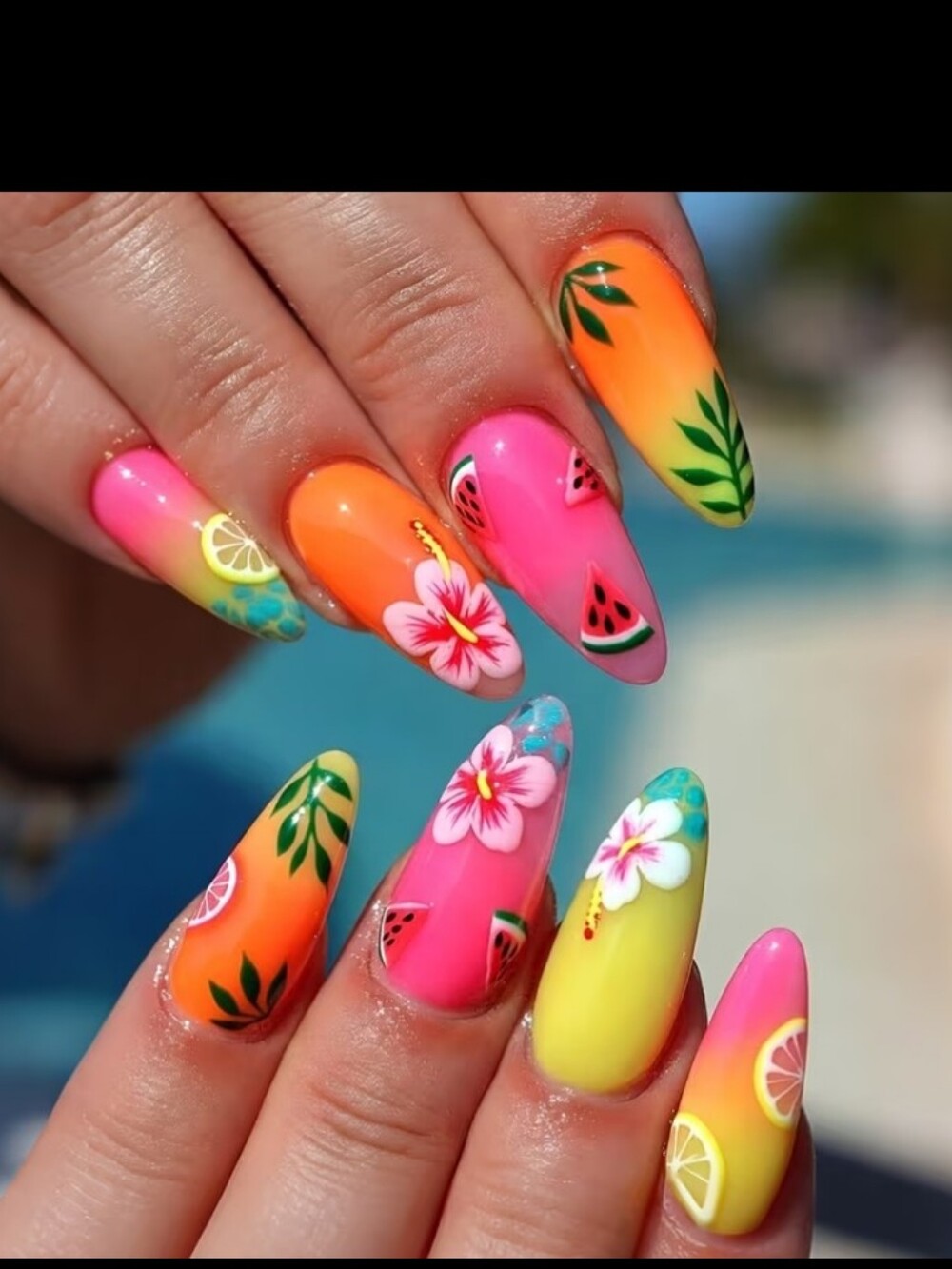 🔥3/$21 Tropical Fruit Ombre Stiletto Press On Nails in Pink, Orange & Yellow